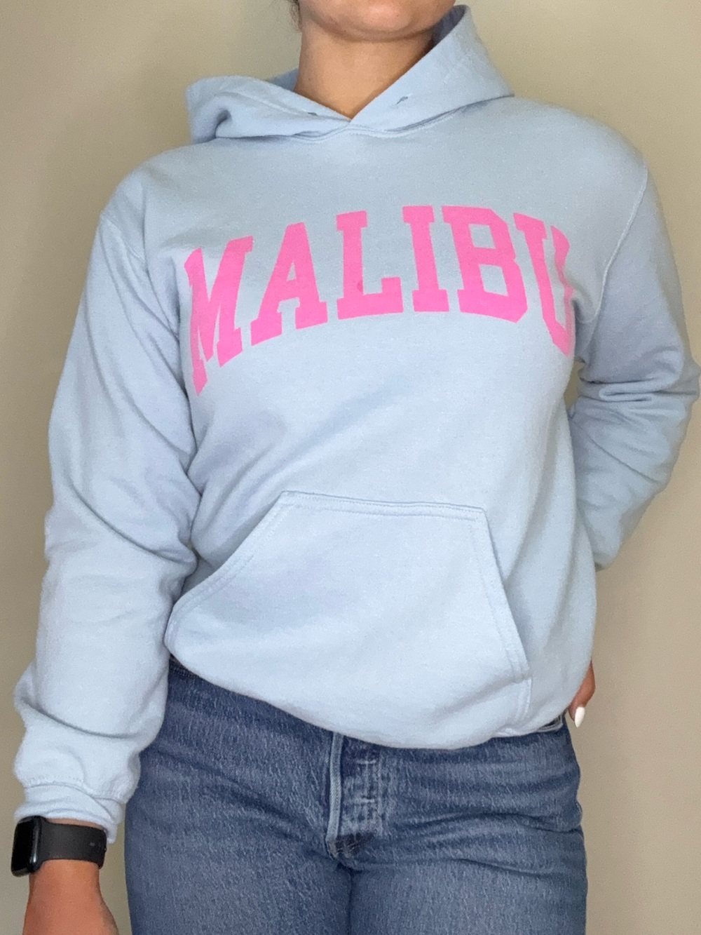 Malibu Light Blue Hoodie with Pink Logo